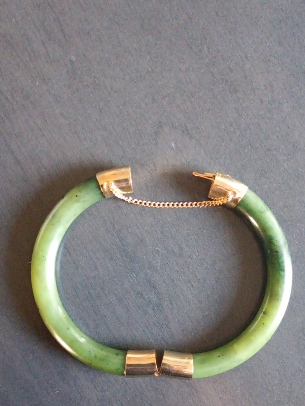 Vintage Genuine Nephrite Jade Hinged Bangle Bracelet Gold Tone